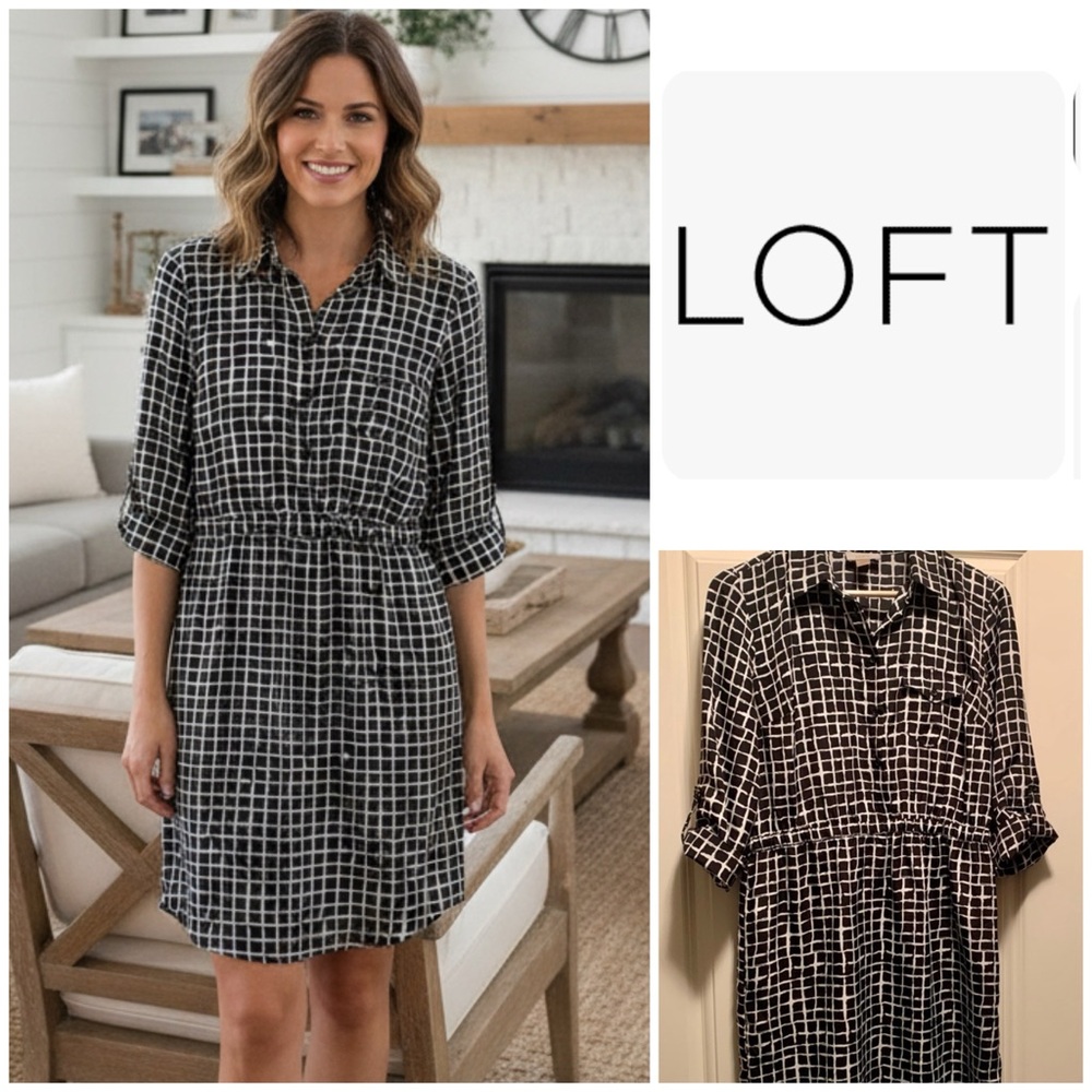 LOFT Black & White Grid Shirt Dress